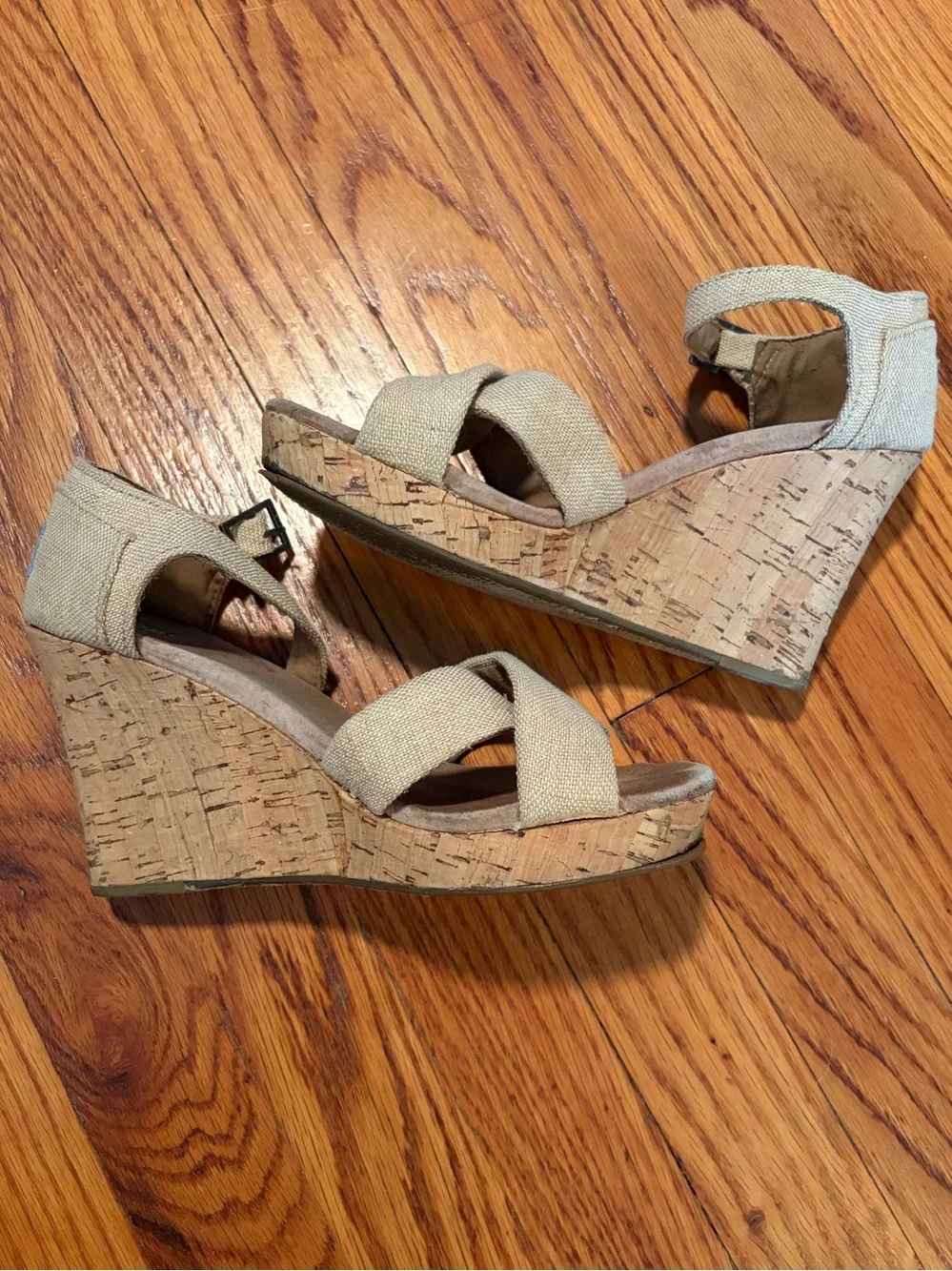 Toms Beige Canvas Cork Wedge Sandals with Ankle Strap size 7